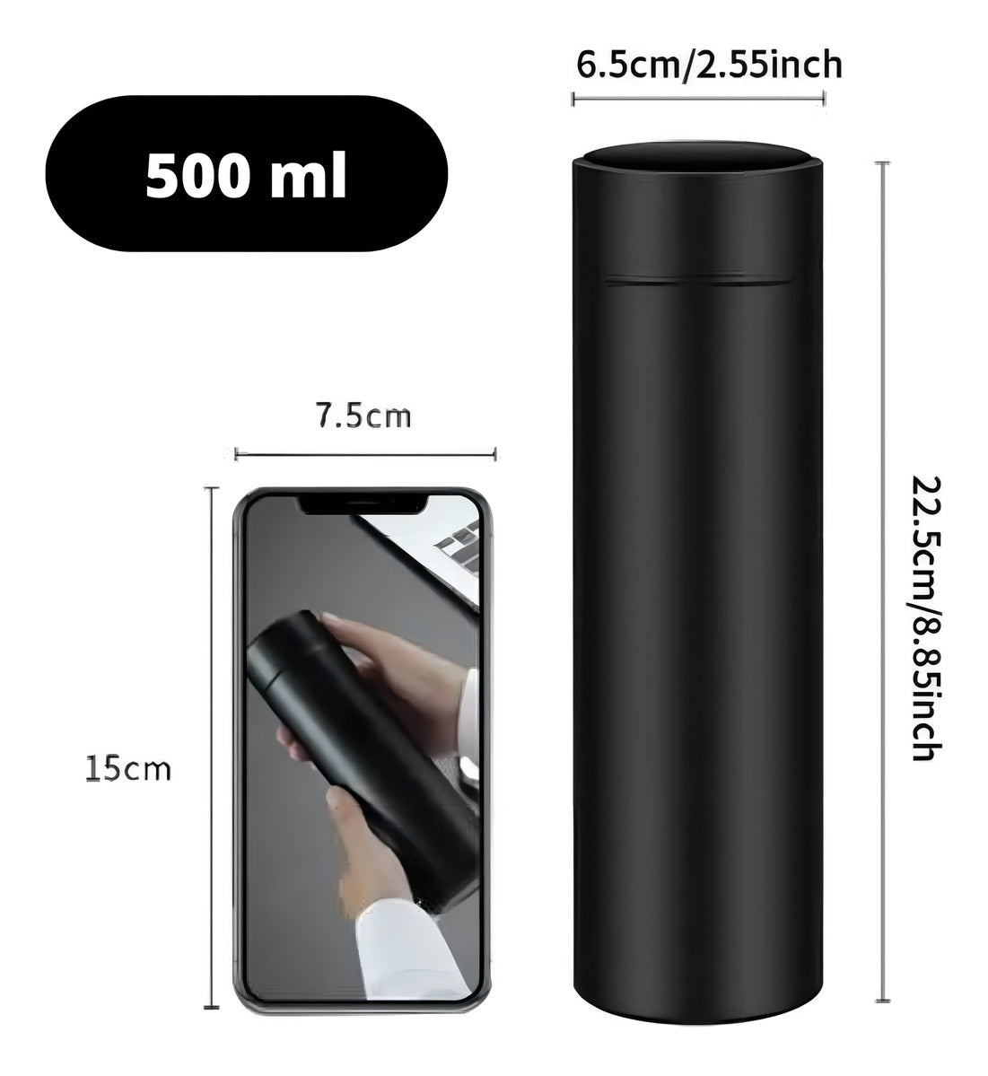 Garrafa Térmica Inteligente de Inox na cor preta.
